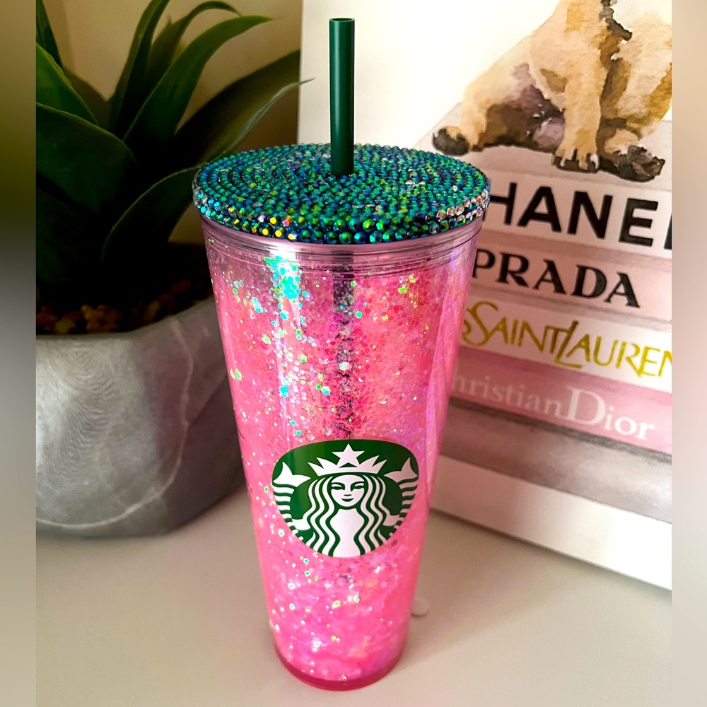 24oz Pink Snow Globe with Rhinestone Lid and Plastic Green Straw